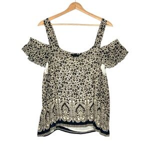 Sanctuary Boho Cold Shoulder Top Size Large Navy Blue Black Floral Print flowy